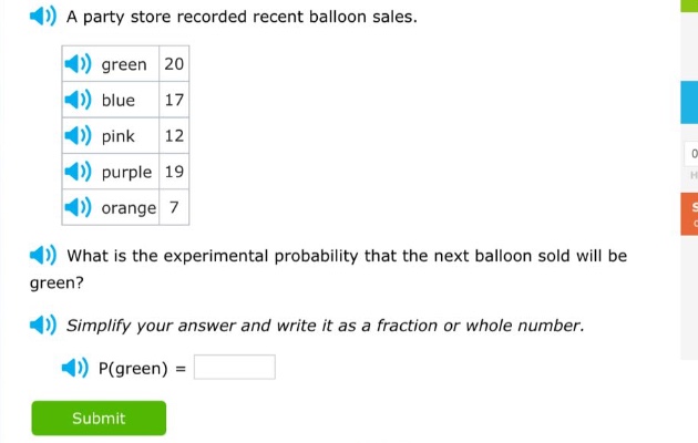 a party store recorded recent balloon sales. green 20 blue 17 pink 12 purple 19 orange 7 what is the experimental probability that the next balloon sold will be green? simplify your answer and write it as a fraction or whole number. p(green) =