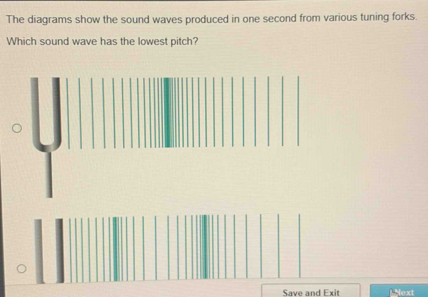 the diagrams show the sound waves produced in one second from various tuning forks. which sound wave has the lowest pitch?