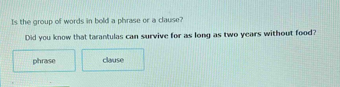 is the group of words in bold a phrase or a clause? did you know that tarantulas can survive for as long as two years without food? phrase clause