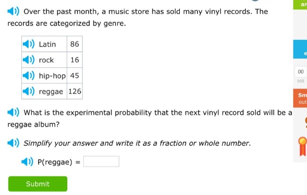 over the past month, a music store has sold many vinyl records. the records are categorized by genre. latin 86 rock 16 hip - hop 45 reggae 126 what is the experimental probability that the next vinyl record sold will be a reggae album? simplify your answer and write it as a fraction or whole number. p(reggae) =