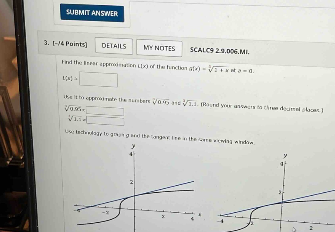 3. -/4 points details my notes scalc9 2.9.006.mi. find the linear approximation l(x) of the function g(x) = ∛(1 + x) at a = 0. l(x) ≈ use it to approximate the numbers ∛0.95 and ∛1.1. (round your answers to three decimal places.) ∛0.95≈ ∛1.1≈ use technology to graph g and the tangent line in the same viewing window.