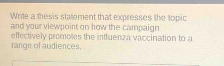 write a thesis statement that expresses the topic and your viewpoint on how the campaign effectively promotes the influenza vaccination to a range of audiences.