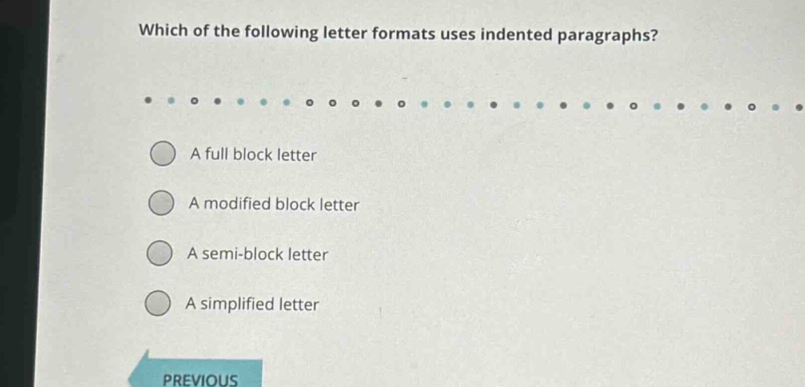 which of the following letter formats uses indented paragraphs? a full block letter a modified block letter a semi - block letter a simplified letter