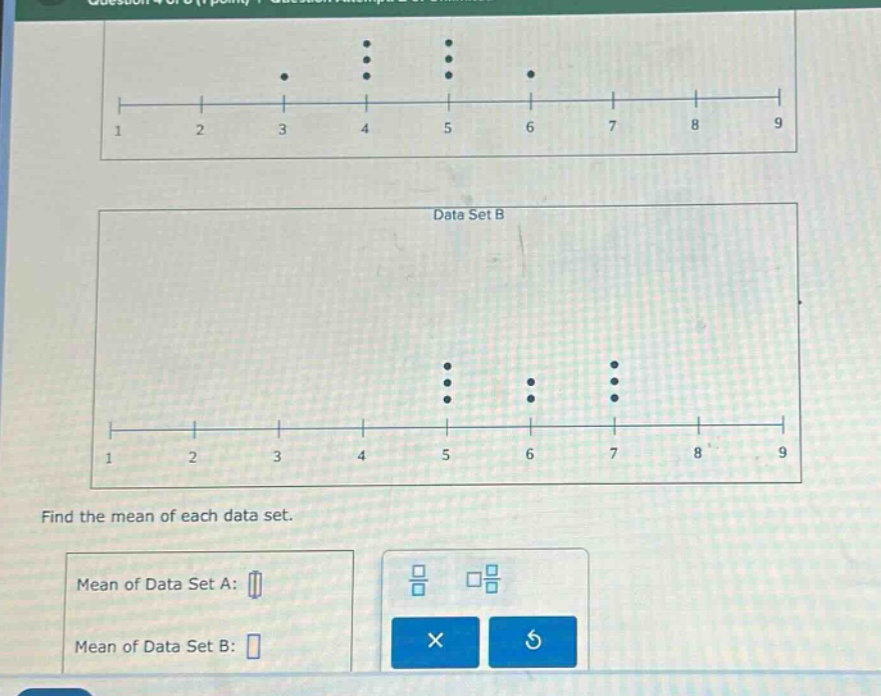 find the mean of each data set. mean of data set a: mean of data set b: