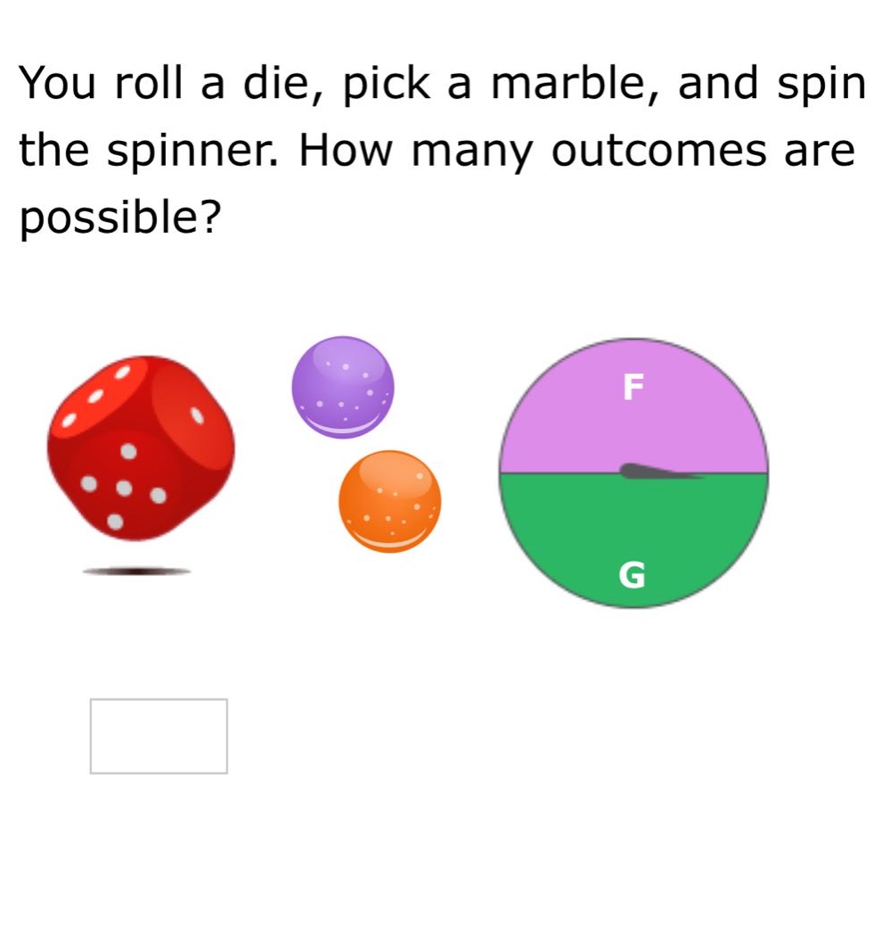 you roll a die, pick a marble, and spin the spinner. how many outcomes are possible?