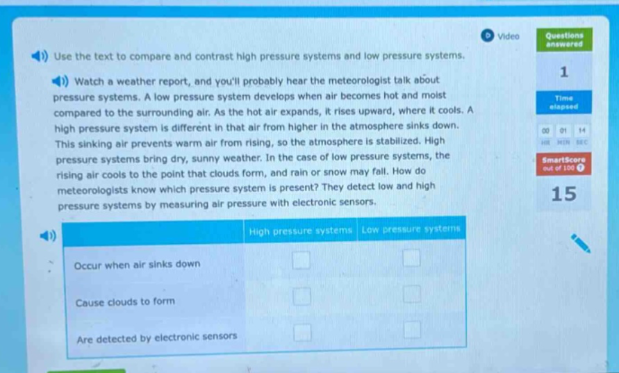 use the text to compare and contrast high pressure systems and low pressure systems. watch a weather report, and youll probably hear the meteorologist talk about pressure systems. a low pressure system develops when air becomes hot and moist compared to the surrounding air. as the hot air expands, it rises upward, where it cools. a high pressure system is different in that air from higher in the atmosphere sinks down. this sinking air prevents warm air from rising, so the atmosphere is stabilized. high pressure systems bring dry, sunny weather. in the case of low pressure systems, the rising air cools to the point that clouds form, and rain or snow may fall. how do meteorologists know which pressure system is present? they detect low and high pressure systems by measuring air pressure with electronic sensors. high pressure systems low pressure systems occur when air sinks down cause clouds to form are detected by electronic sensors