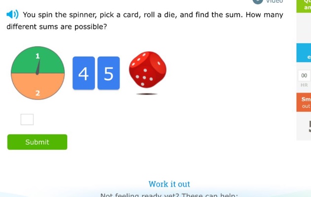 you spin the spinner, pick a card, roll a die, and find the sum. how many different sums are possible?