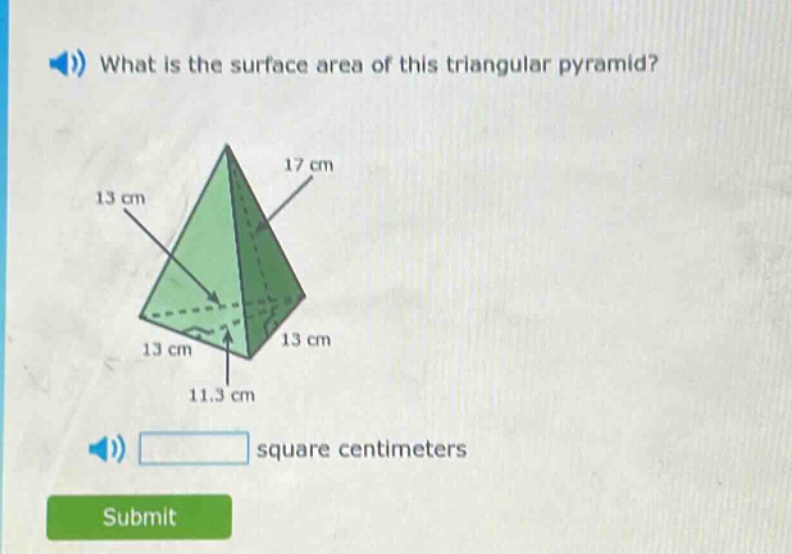 what is the surface area of this triangular pyramid? square centimeters