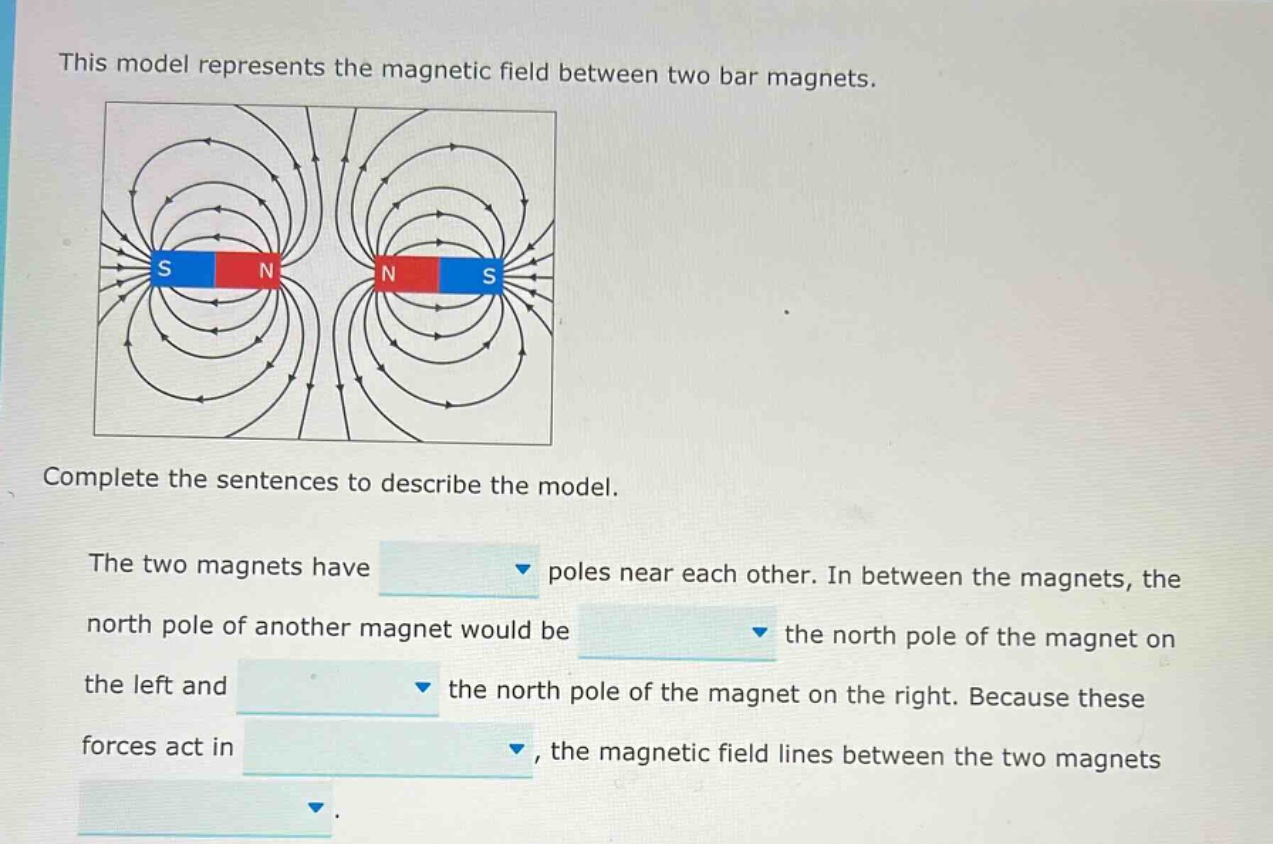 this model represents the magnetic field between two bar magnets. complete the sentences to describe the model. the two magnets have poles near each other. in between the magnets, the north pole of another magnet would be the north pole of the magnet on the left and the north pole of the magnet on the right. because these forces act in, the magnetic field lines between the two magnets.