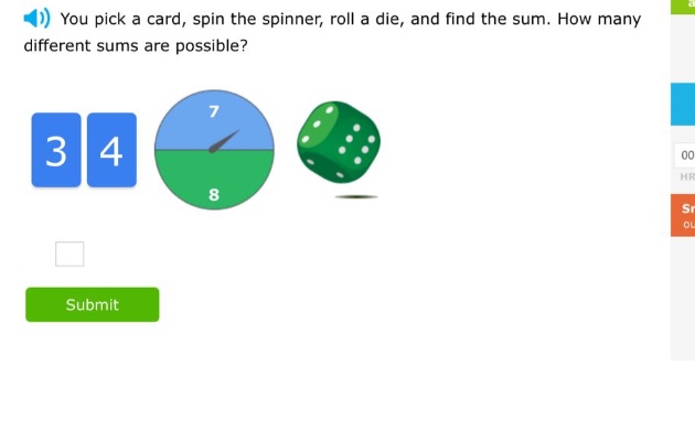 you pick a card, spin the spinner, roll a die, and find the sum. how many different sums are possible?
