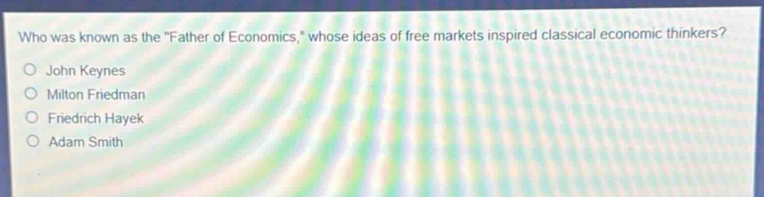 who was known as the \father of economics,\ whose ideas of free markets inspired classical economic thinkers?\njohn keynes\nmilton friedman\nfriedrich hayek\nadam smith