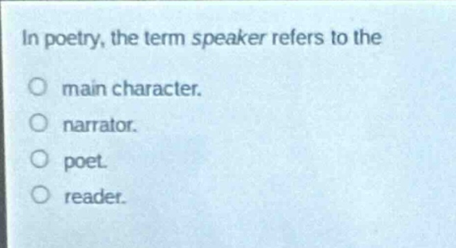 in poetry, the term speaker refers to the\nmain character.\nnarrator.\npoet.\nreader.