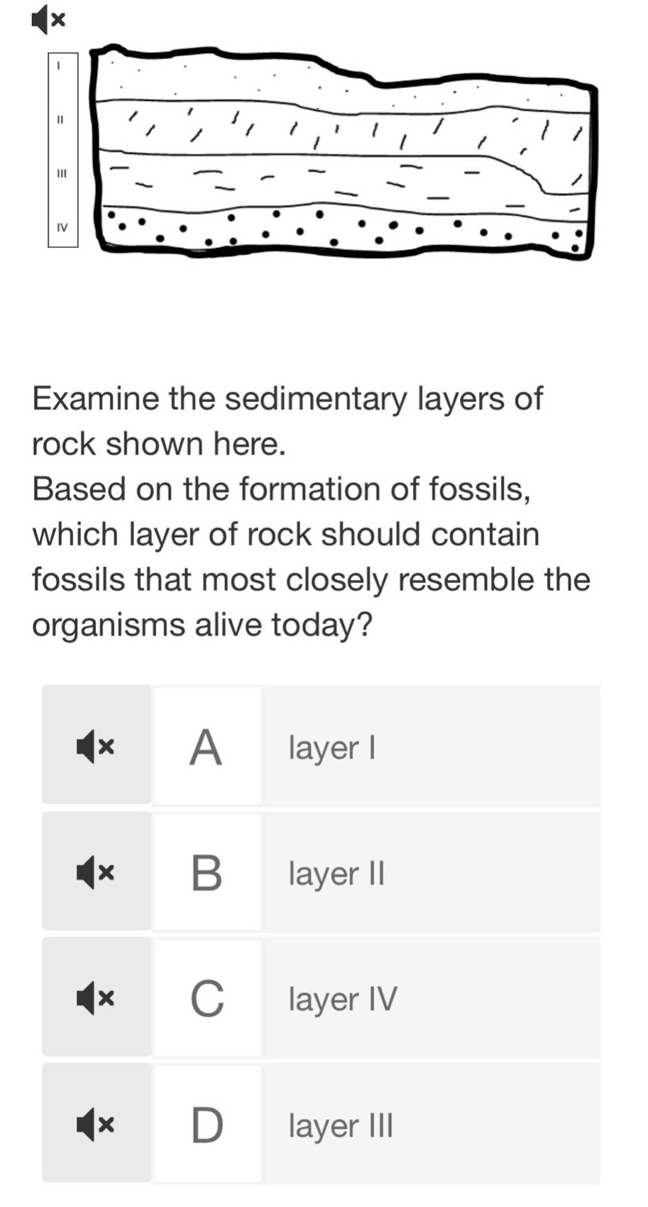 examine the sedimentary layers of rock shown here. based on the formation of fossils, which layer of rock should contain fossils that most closely resemble the organisms alive today? a layer i b layer ii c layer iv d layer iii