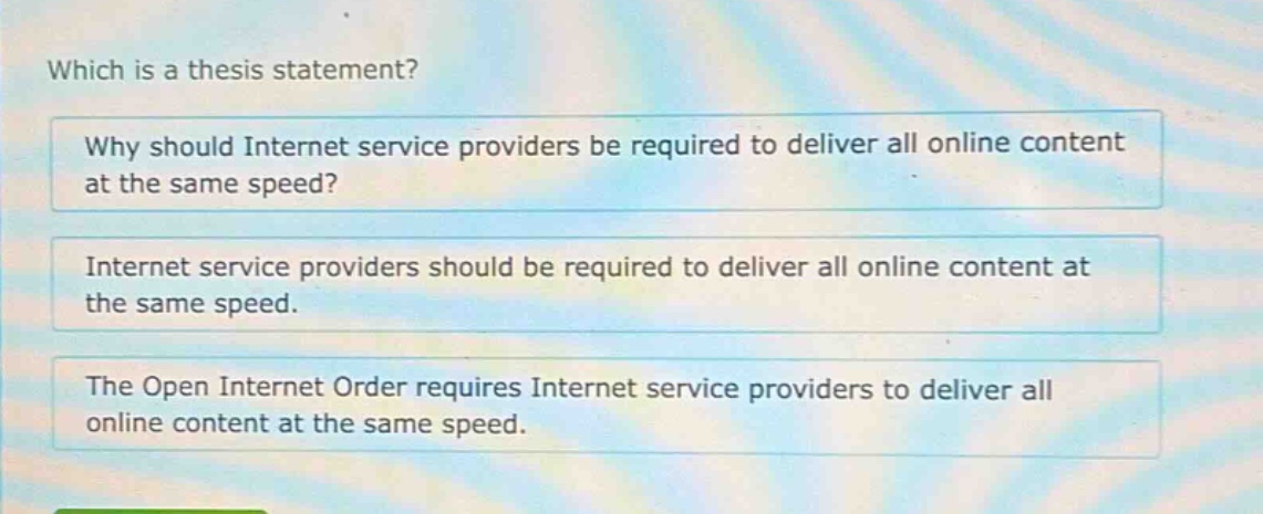 which is a thesis statement? why should internet service providers be required to deliver all online content at the same speed? internet service providers should be required to deliver all online content at the same speed. the open internet order requires internet service providers to deliver all online content at the same speed.