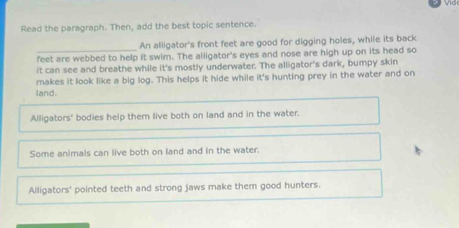 read the paragraph. then, add the best topic sentence. an alligators front feet are good for digging holes, while its back feet are webbed to help it swim. the alligators eyes and nose are high up on its head so it can see and breathe while its mostly underwater. the alligators dark, bumpy skin makes it look like a big log. this helps it hide while its hunting prey in the water and on land. alligators bodies help them live both on land and in the water. some animals can live both on land and in the water. alligators pointed teeth and strong jaws make them good hunters.