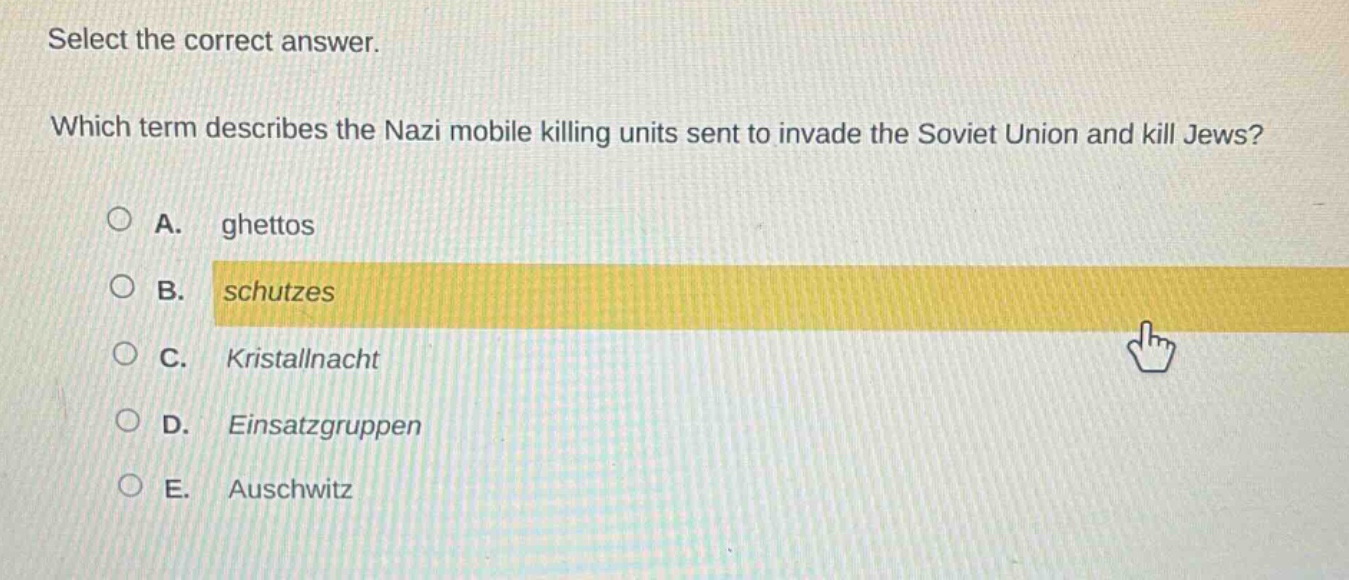 select the correct answer. which term describes the nazi mobile killing units sent to invade the soviet union and kill jews? a. ghettos b. schutzes c. kristallnacht d. einsatzgruppen e. auschwitz