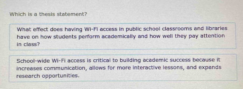 which is a thesis statement? what effect does having wi - fi access in public school classrooms and libraries have on how students perform academically and how well they pay attention in class? school - wide wi - fi access is critical to building academic success because it increases communication, allows for more interactive lessons, and expands research opportunities.