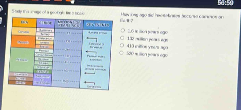 study this image of a geologic time scale. how long ago did invertebrates become common on earth? 1.6 million years ago 132 million years ago 410 million years ago 520 million years ago