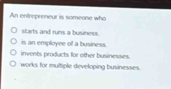 an entrepreneur is someone who starts and runs a business. is an employee of a business. invents products for other businesses. works for multiple developing businesses.