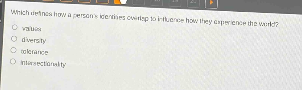 which defines how a persons identities overlap to influence how they experience the world?\nvalues\ndiversity\ntolerance\nintersectionality