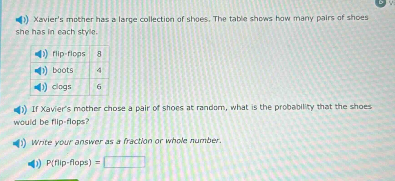 xaviers mother has a large collection of shoes. the table shows how many pairs of shoes she has in each style. flip - flops 8 boots 4 clogs 6 if xaviers mother chose a pair of shoes at random, what is the probability that the shoes would be flip - flops? write your answer as a fraction or whole number. p(flip - flops) =
