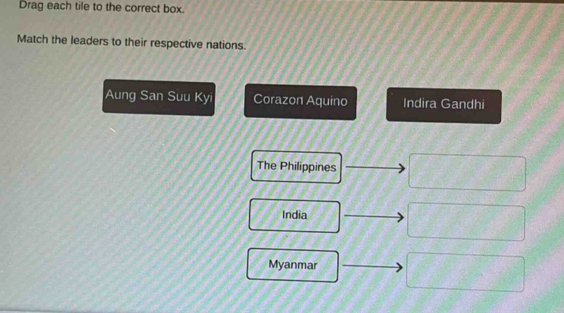drag each tile to the correct box. match the leaders to their respective nations. aung san suu kyi corazon aquino indira gandhi the philippines india myanmar