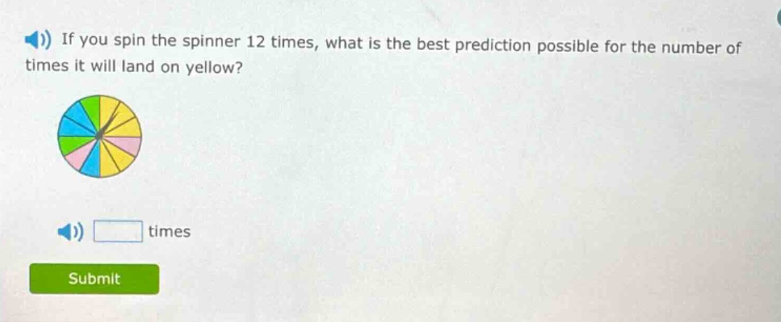 if you spin the spinner 12 times, what is the best prediction possible for the number of times it will land on yellow? times