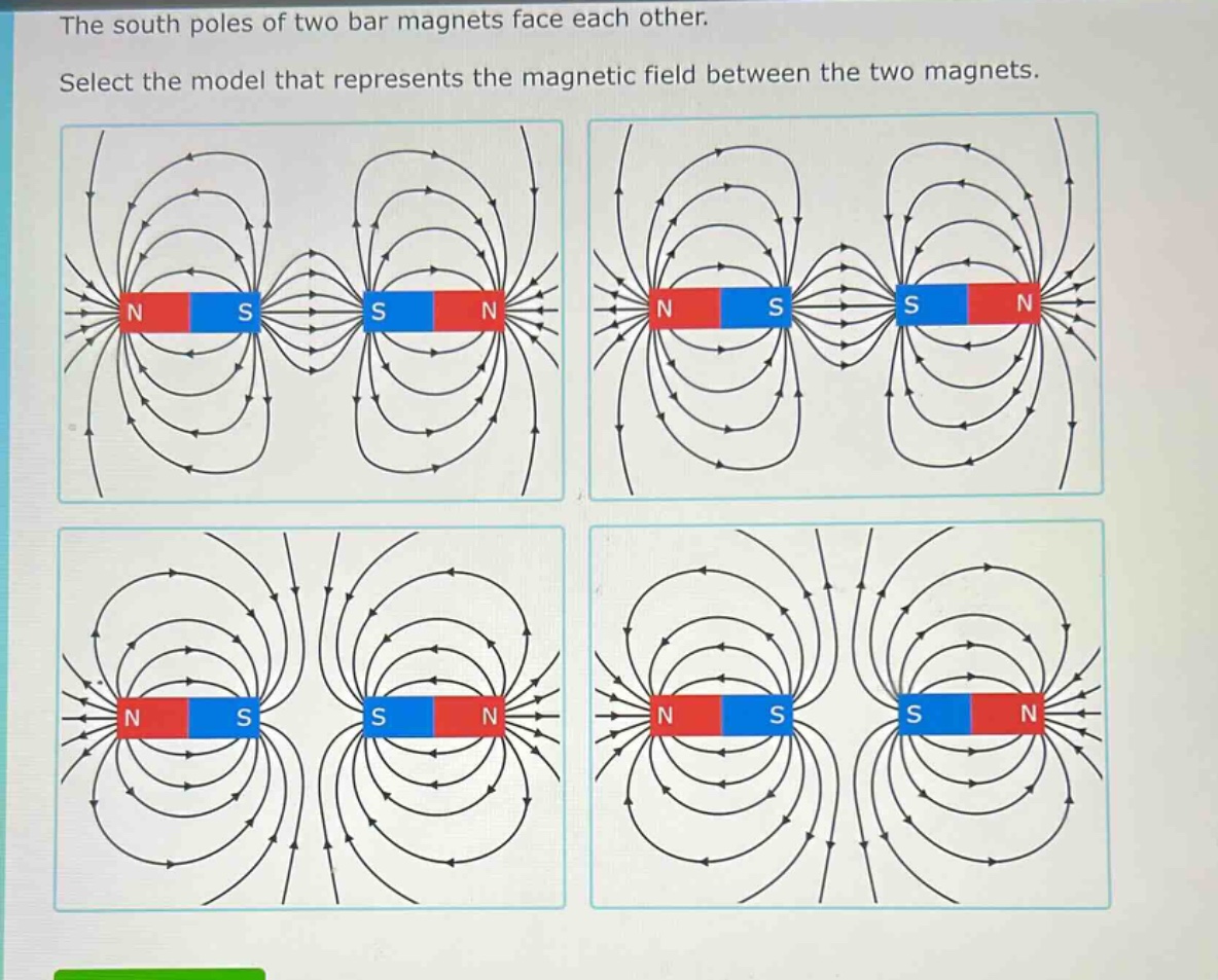 the south poles of two bar magnets face each other. select the model that represents the magnetic field between the two magnets.