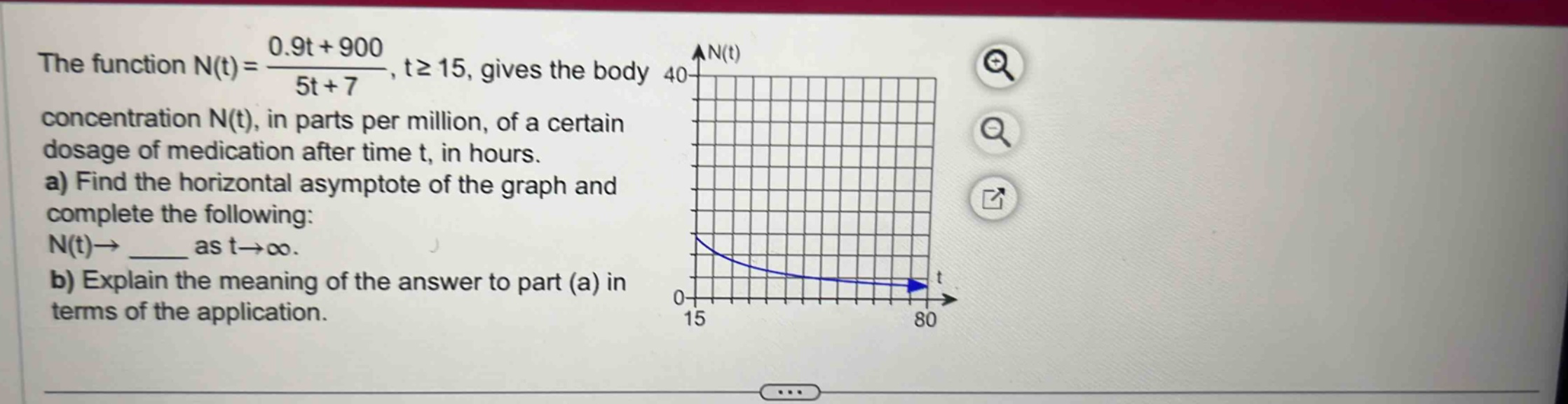the function n(t)= (0.9t + 900)/(5t + 7), t≥15, gives the body concentration n(t), in parts per million, of a certain dosage of medication after time t, in hours. a) find the horizontal asymptote of the graph and complete the following: n(t)→ ____ as t→∞. b) explain the meaning of the answer to part (a) in terms of the application.