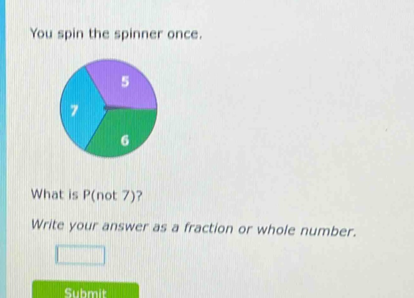 you spin the spinner once. what is p(not 7)? write your answer as a fraction or whole number.
