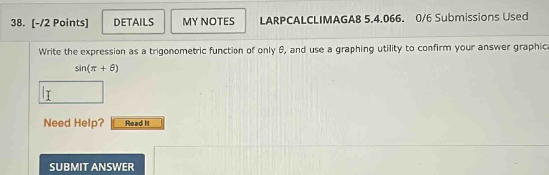 38. -/2 points details my notes larpcalclimaga8 5.4.066. 0/6 submissions used write the expression as a trigonometric function of only θ, and use a graphing utility to confirm your answer graphically. sin(π + θ)