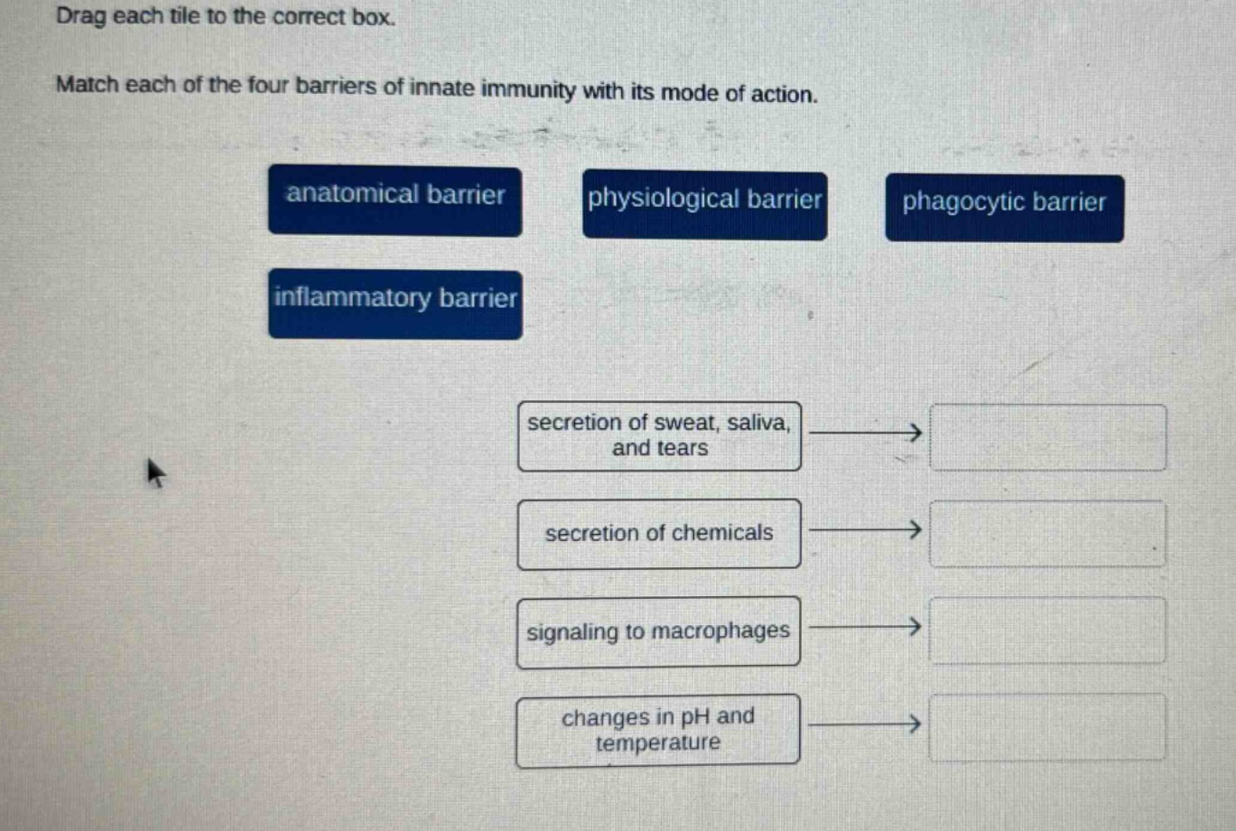 drag each tile to the correct box. match each of the four barriers of innate immunity with its mode of action. anatomical barrier physiological barrier phagocytic barrier inflammatory barrier secretion of sweat, saliva, and tears secretion of chemicals signaling to macrophages changes in ph and temperature
