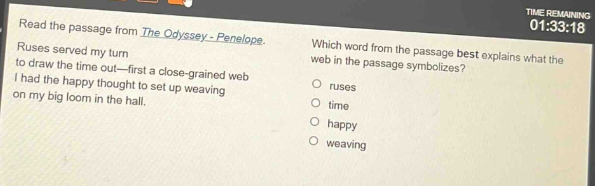 read the passage from the odyssey - penelope. ruses served my turn to draw the time out—first a close - grained web i had the happy thought to set up weaving on my big loom in the hall. which word from the passage best explains what the web in the passage symbolizes? ruses time happy weaving