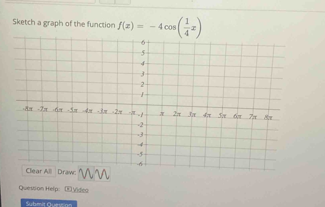 sketch a graph of the function f(x)= - 4 cos(1/4 x)\nclear all draw:\nquestion help: video\nsubmit question
