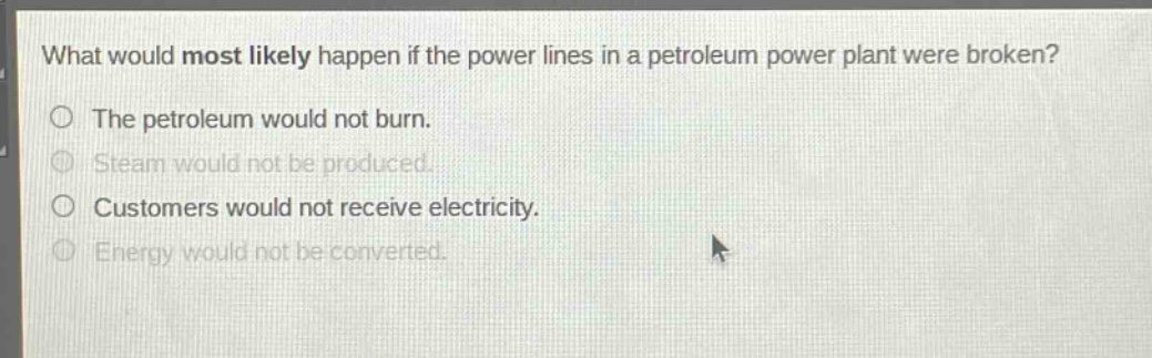 what would most likely happen if the power lines in a petroleum power plant were broken? the petroleum would not burn. steam would not be produced. customers would not receive electricity. energy would not be converted.