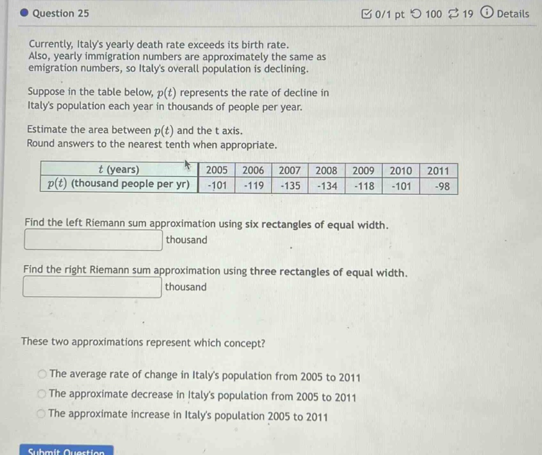 question 25 currently, italys yearly death rate exceeds its birth rate. also, yearly immigration numbers are approximately the same as emigration numbers, so italys overall population is declining. suppose in the table below, p(t) represents the rate of decline in italys population each year in thousands of people per year. estimate the area between p(t) and the t axis. round answers to the nearest tenth when appropriate. t (years) 2005 2006 2007 2008 2009 2010 2011 p(t) (thousand people per yr) -101 -119 -135 -134 -118 -101 -98 find the left riemann sum approximation using six rectangles of equal width. thousand find the right riemann sum approximation using three rectangles of equal width. thousand these two approximations represent which concept? the average rate of change in italys population from 2005 to 2011 the approximate decrease in italys population from 2005 to 2011 the approximate increase in italys population 2005 to 2011