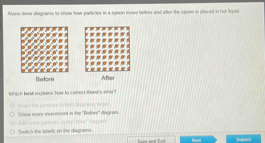 alana drew diagrams to show how particles in a spoon move before and after the spoon is placed in hot liquid. which best explains how to correct alanas error? make the particles in both diagrams larger. show more movement in the \before\ diagram. add more particles to the \after\ diagram. switch the labels on the diagrams.
