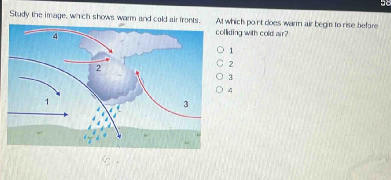 study the image, which shows warm and cold air fronts. at which point does warm air begin to rise before colliding with cold air? 1 2 3 4