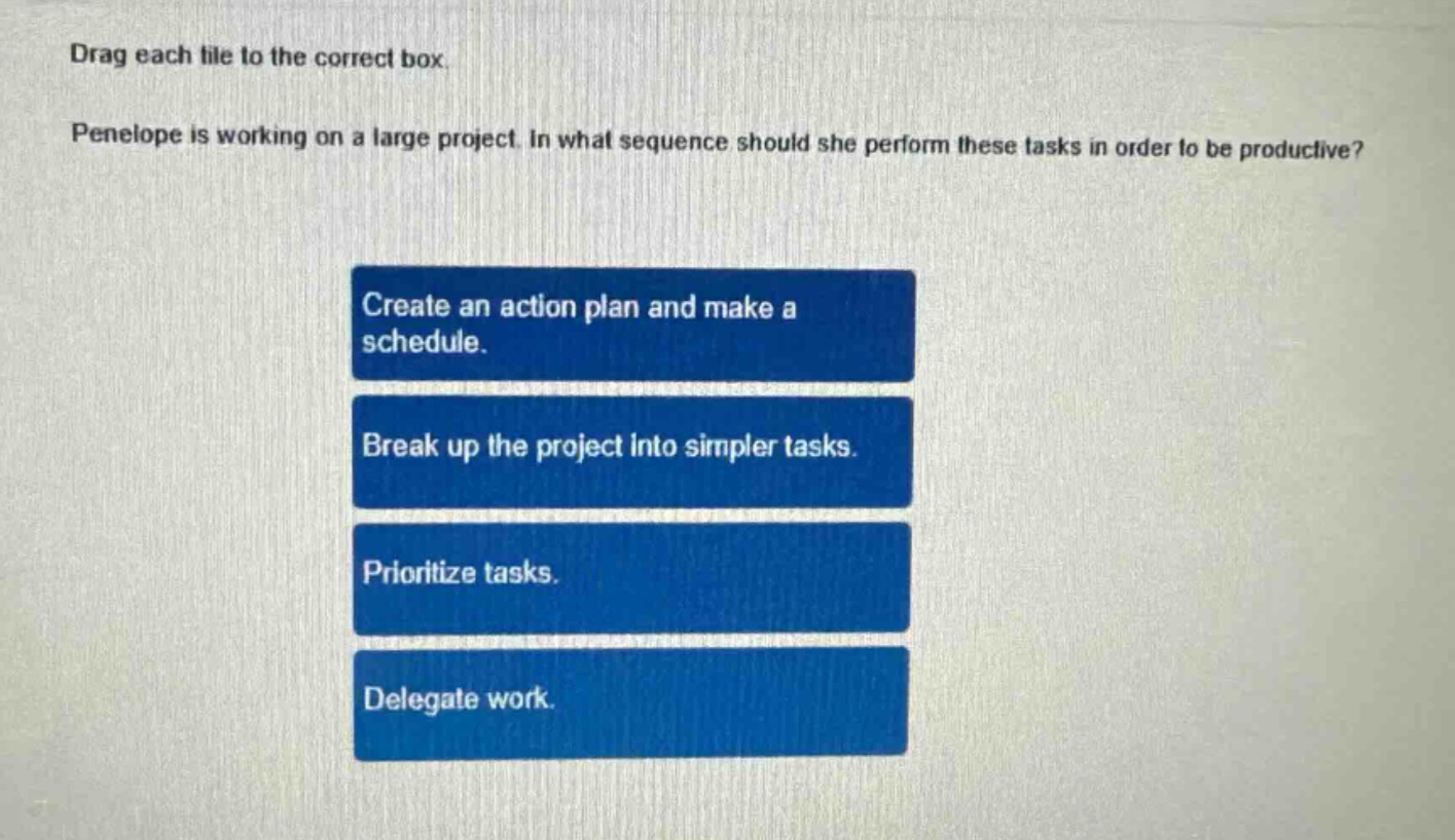 drag each tile to the correct box. penelope is working on a large project. in what sequence should she perform these tasks in order to be productive? create an action plan and make a schedule. break up the project into simpler tasks. prioritize tasks. delegate work.