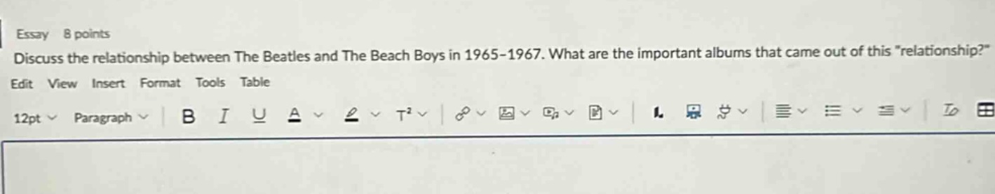 essay 8 points discuss the relationship between the beatles and the beach boys in 1965 - 1967. what are the important albums that came out of this \relationship?\ edit view insert format tools table 12pt paragraph b i u a t²