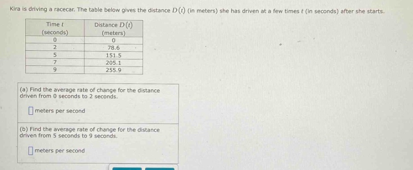 kira is driving a racecar. the table below gives the distance d(t) (in meters) she has driven at a few times t (in seconds) after she starts. time t (seconds) distance d(t) (meters) 0 0 2 78.6 5 151.5 7 205.1 9 255.9 (a) find the average rate of change for the distance driven from 0 seconds to 2 seconds. meters per second (b) find the average rate of change for the distance driven from 5 seconds to 9 seconds. meters per second