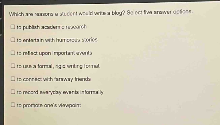 which are reasons a student would write a blog? select five answer options. to publish academic research to entertain with humorous stories to reflect upon important events to use a formal, rigid writing format to connect with faraway friends to record everyday events informally to promote one’s viewpoint