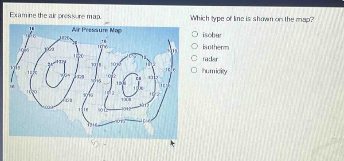 examine the air pressure map. which type of line is shown on the map? isobar isotherm radar humidity