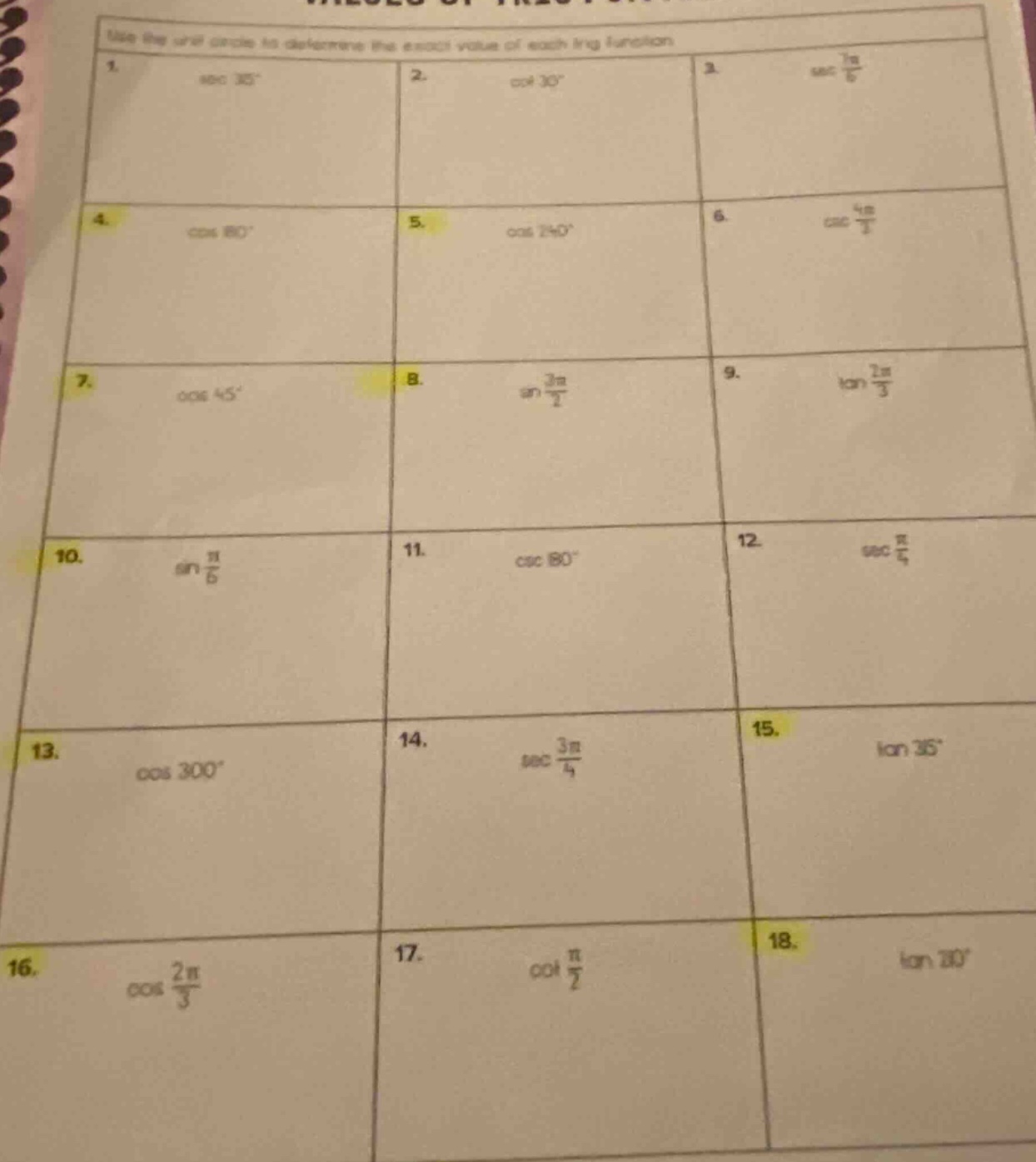 use the unit circle to determine the exact value of each trig function. 1. sec 35° 2. cot 30° 3. sec 7π/6 4. cos 80° 5. cos 240° 6. csc 4π/3 7. cos 45° 8. sin 3π/2 9. tan 2π/3 10. sin π/6 11. csc 180° 12. sec π/4 13. cos 300° 14. sec 3π/4 15. tan 35° 16. cos 2π/3 17. cot π/2 18. tan 30°