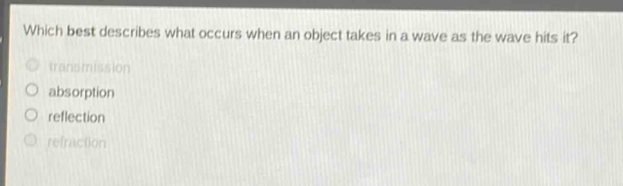 which best describes what occurs when an object takes in a wave as the wave hits it? transmission absorption reflection refraction