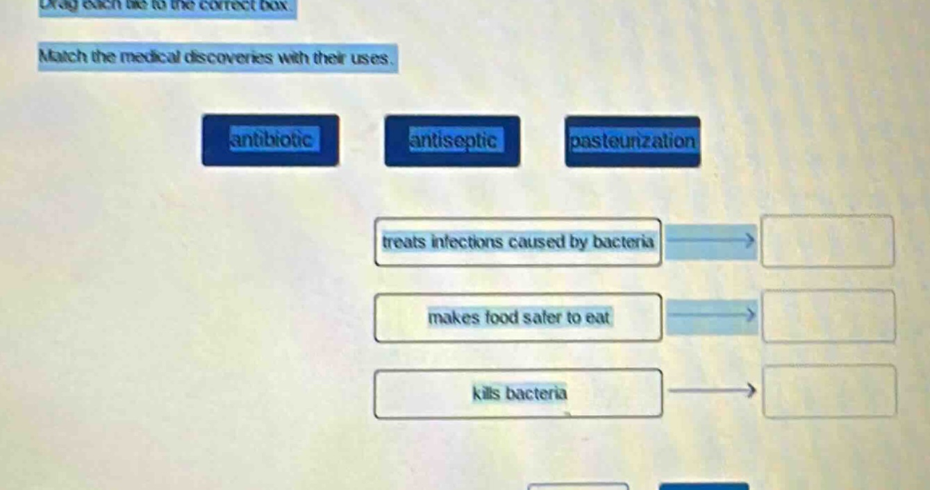 drag each tile to the correct box. match the medical discoveries with their uses. antibiotic antiseptic pasteurization treats infections caused by bacteria makes food safer to eat kills bacteria