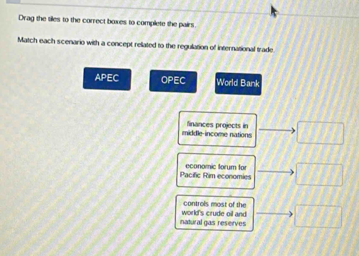 drag the tiles to the correct boxes to complete the pairs. match each scenario with a concept related to the regulation of international trade. apec opec world bank finances projects in middle - income nations economic forum for pacific rim economies controls most of the worlds crude oil and natural gas reserves