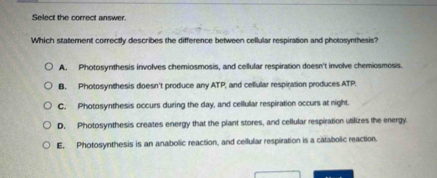 select the correct answer. which statement correctly describes the difference between cellular respiration and photosynthesis? a. photosynthesis involves chemiosmosis, and cellular respiration doesnt involve chemiosmosis. b. photosynthesis doesnt produce any atp, and cellular respiration produces atp. c. photosynthesis occurs during the day, and cellular respiration occurs at night. d. photosynthesis creates energy that the plant stores, and cellular respiration utilizes the energy. e. photosynthesis is an anabolic reaction, and cellular respiration is a catabolic reaction.