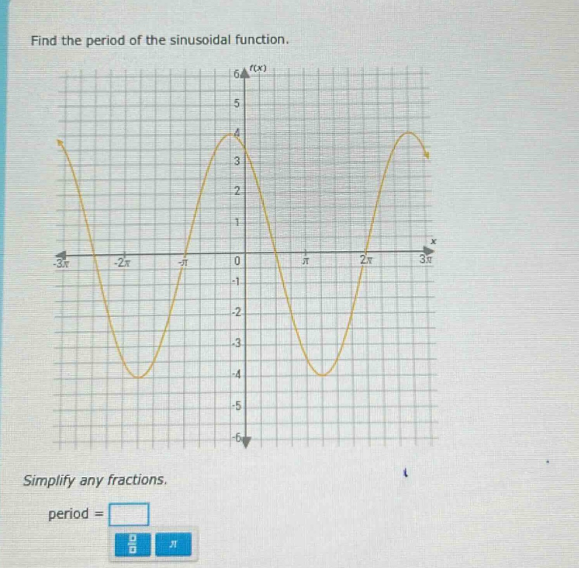 find the period of the sinusoidal function. simplify any fractions. period =