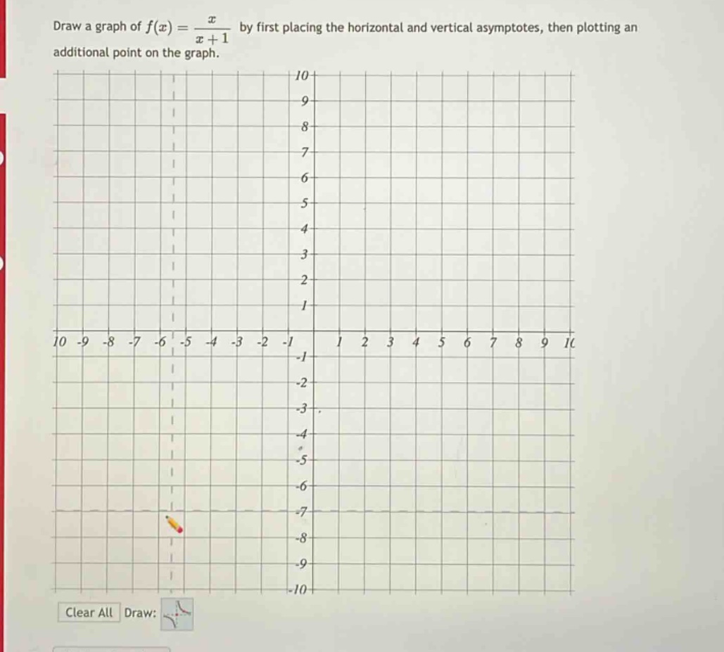 draw a graph of f(x) = x / (x + 1) by first placing the horizontal and vertical asymptotes, then plotting an additional point on the graph. clear all draw: